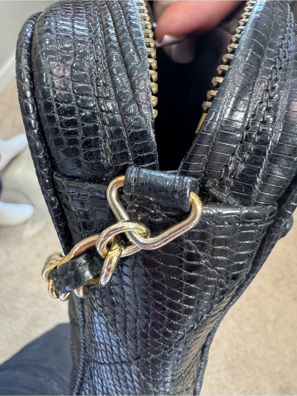 CHANEL Black Quilted Lizard Camera Bag CC Logo Tassel Gold Chain Crossbody CERT